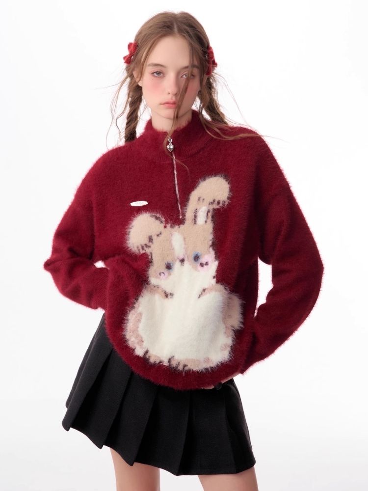 Half High Neck Plush Rabbit Red Sweater