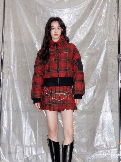 Red plaid two sides wear short cotton jacket