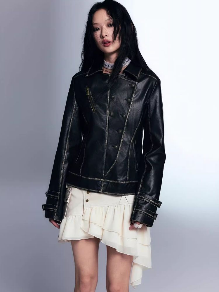 Waisted leather short jacket