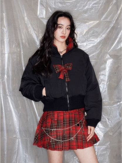 Red plaid two sides wear short cotton jacket