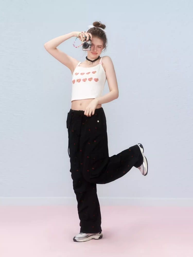 Small cherry embroidered work pants