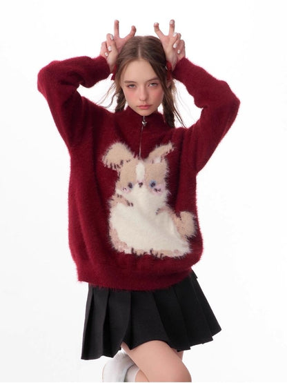 Half High Neck Plush Rabbit Red Sweater