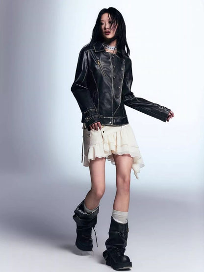 Waisted leather short jacket