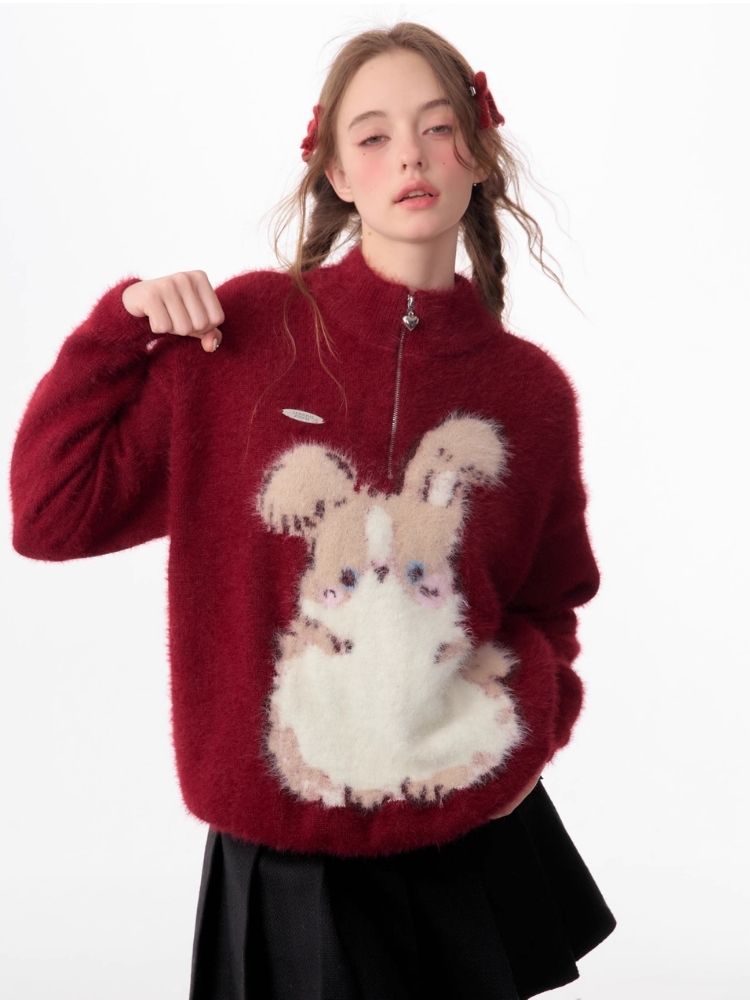 Half High Neck Plush Rabbit Red Sweater