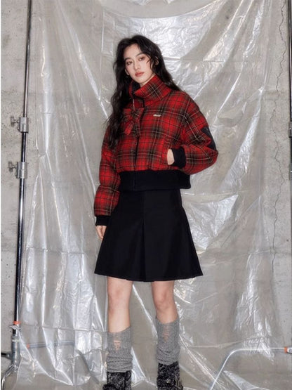 Red plaid two sides wear short cotton jacket