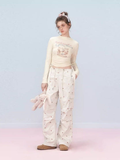 Small cherry embroidered work pants