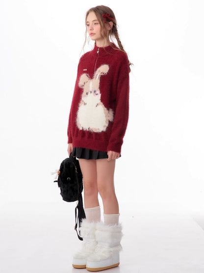 Half High Neck Plush Rabbit Red Sweater