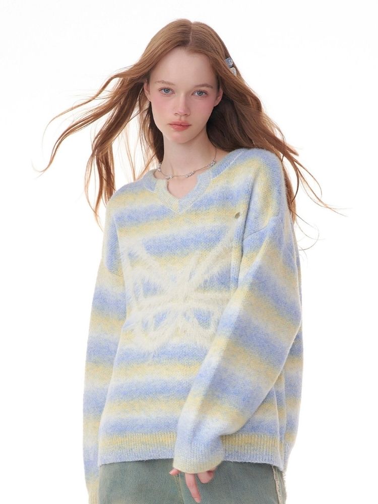 Striped Hairy Butterfly Thick Sweater