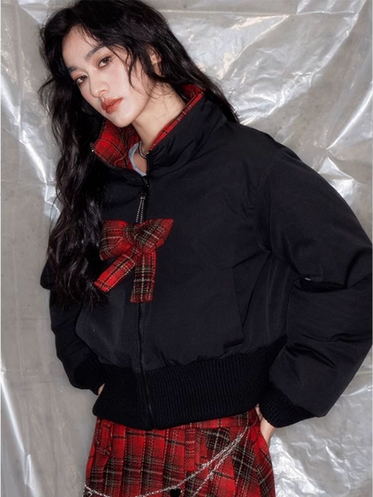 Red plaid two sides wear short cotton jacket