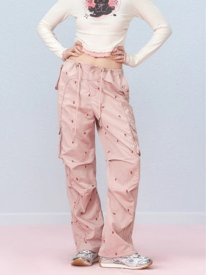 Small cherry embroidered work pants