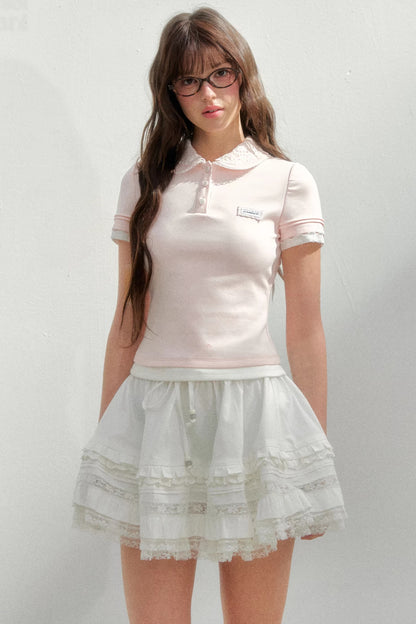 Embroidered Collar Pink Polo Shirt