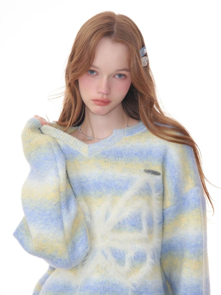 Striped Hairy Butterfly Thick Sweater