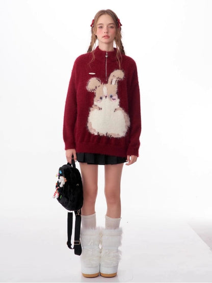 Half High Neck Plush Rabbit Red Sweater