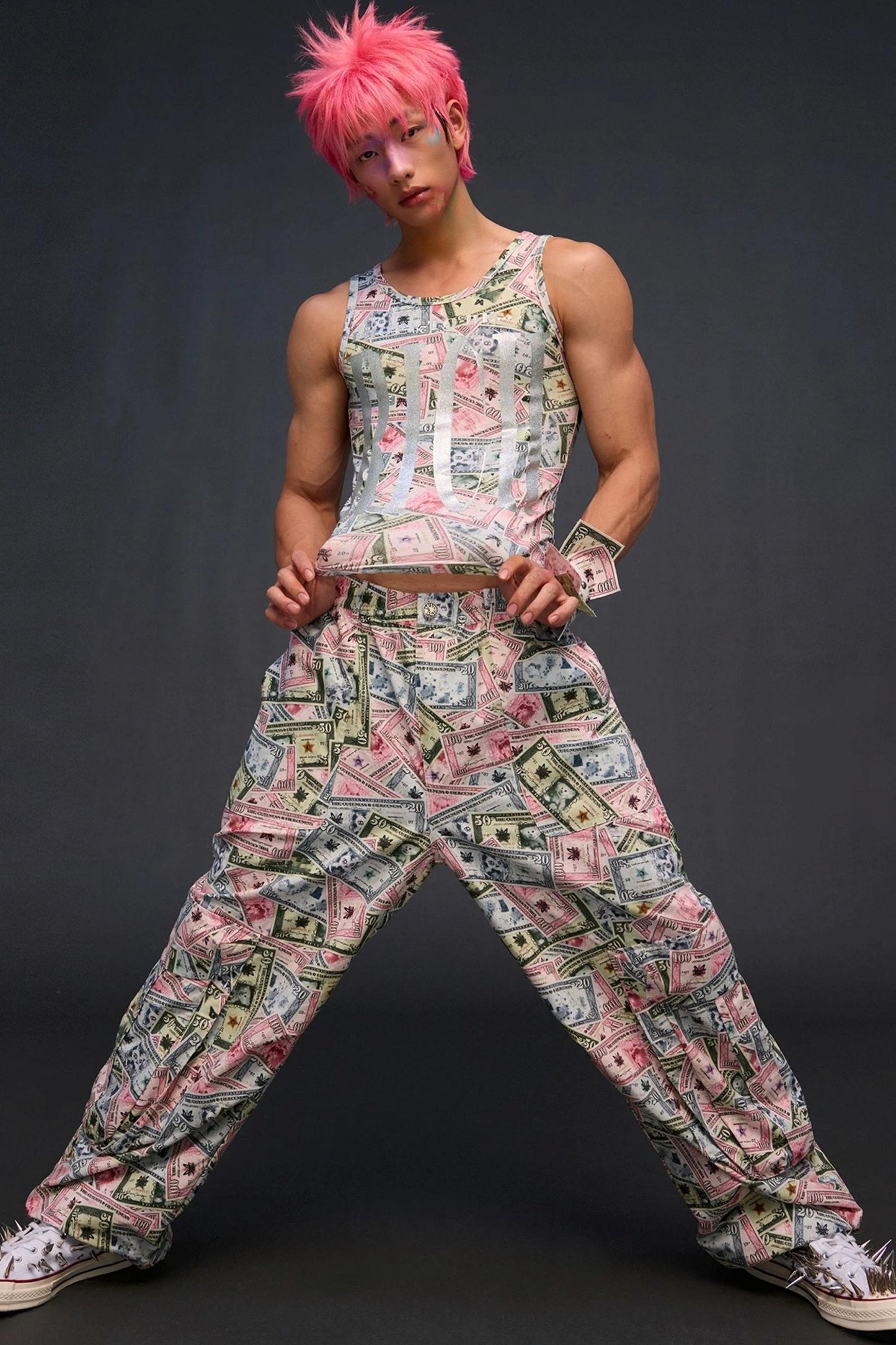 Money Print Wide-Leg Pants