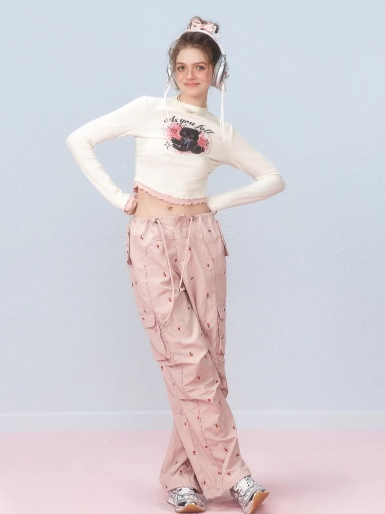 Small cherry embroidered work pants