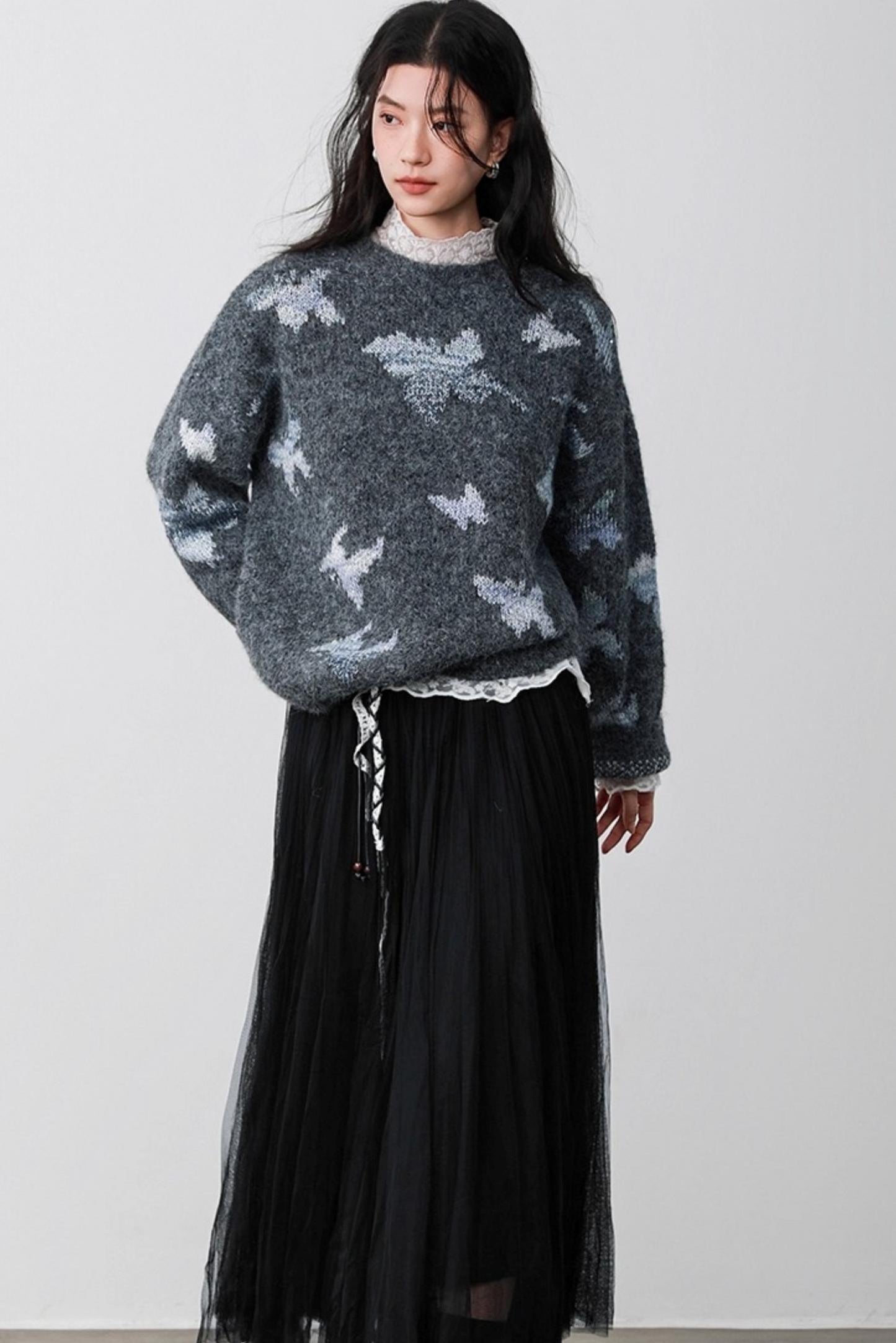 Gray Butterfly Hollow Sweater