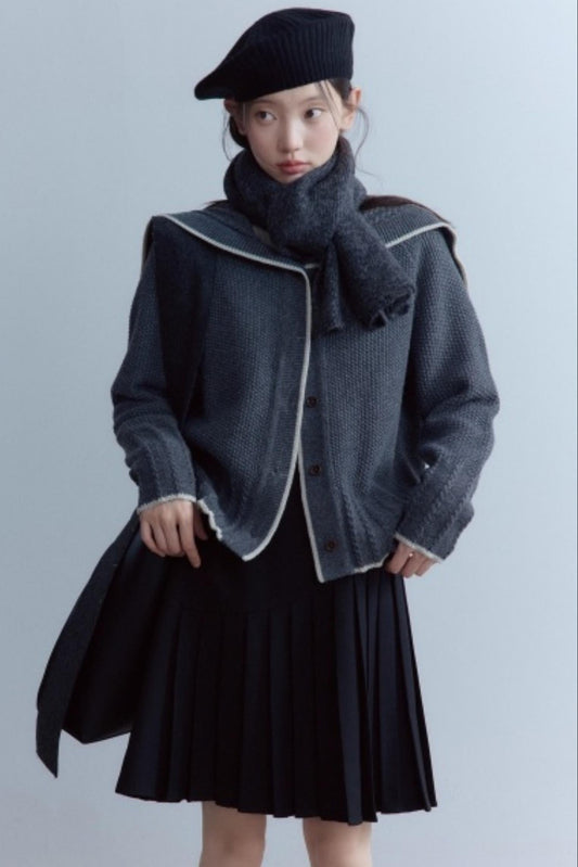 Navy Collar Twisted Rope Woolen Cardigan