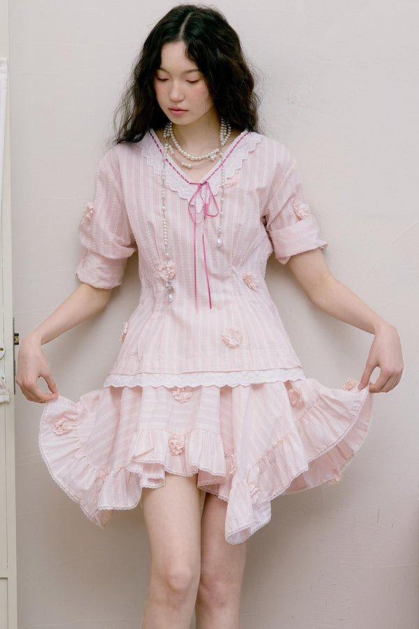 Pale Pink Striped Shirt & Irregular Skirt Set-Up