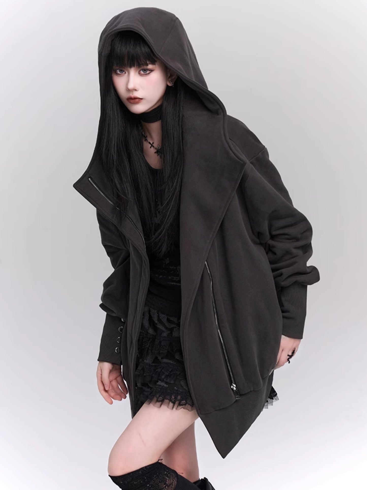 Loose Gray Hooded Coat