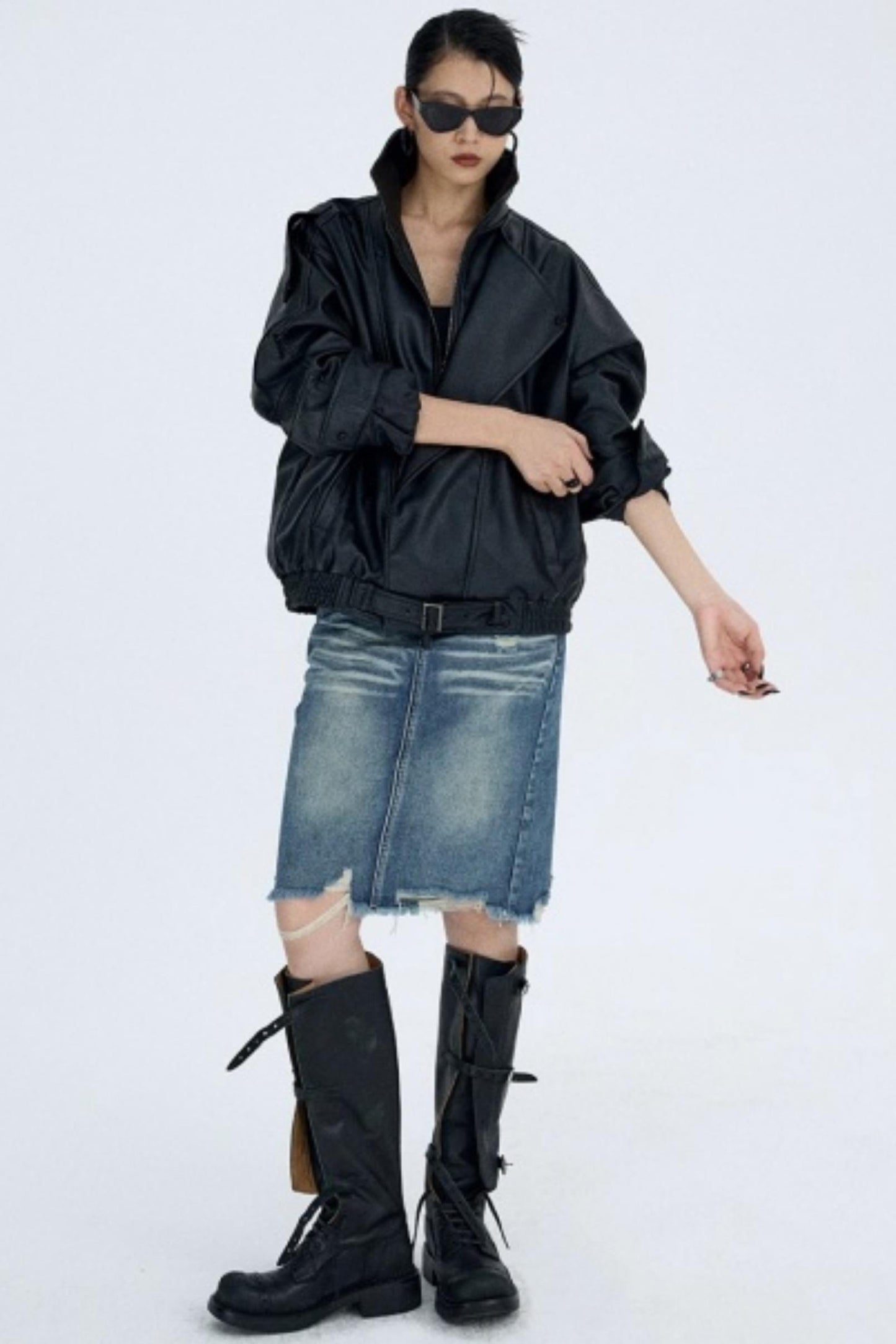 Retro Blue Distressed Denim Skirt