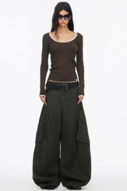Distressed Wide-Leg Cargo Pants