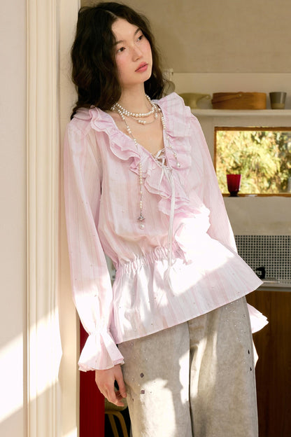 Pink Ruffle V-Neck Shirt