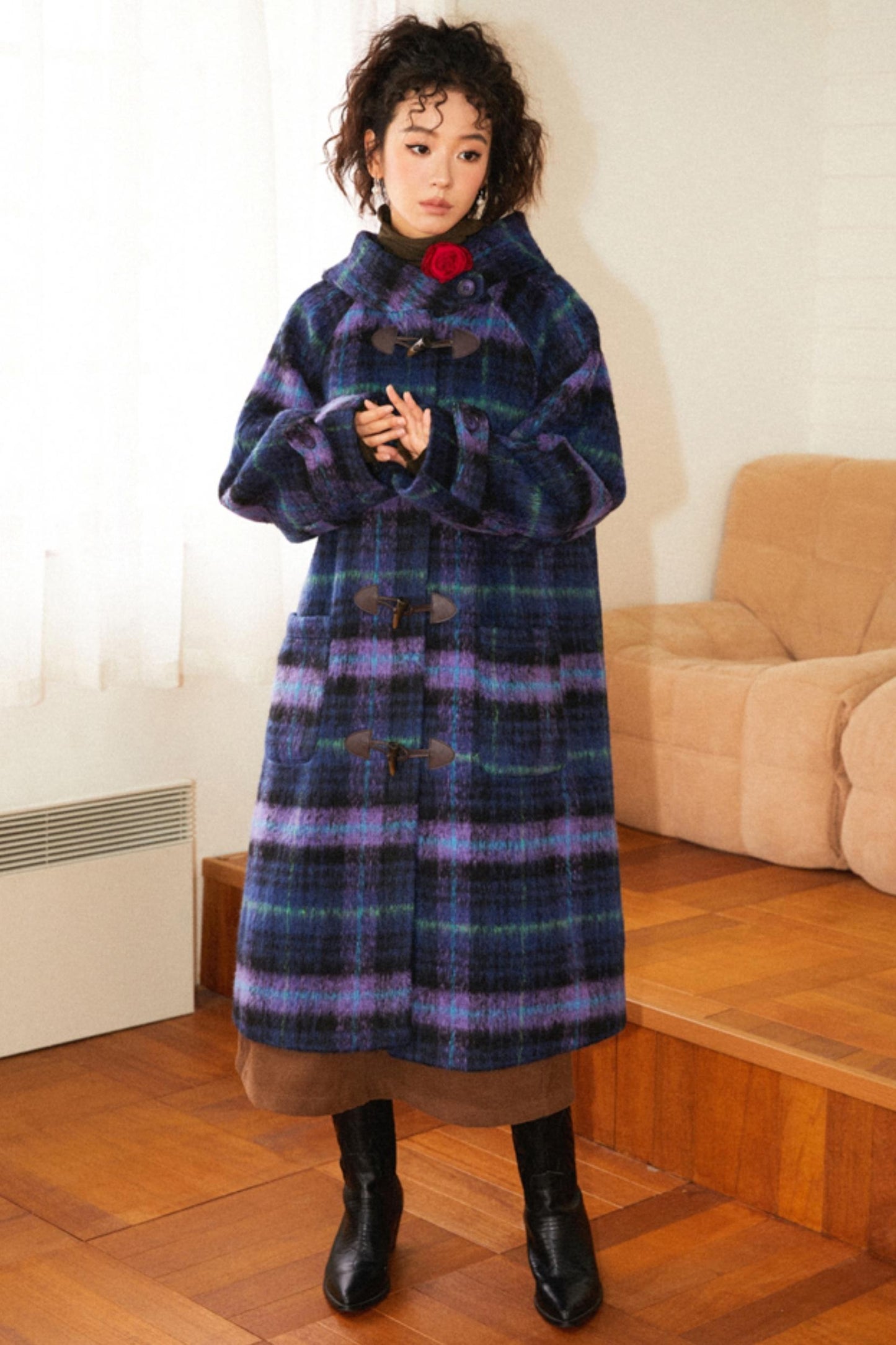 Retro Check Wool Coat Dress