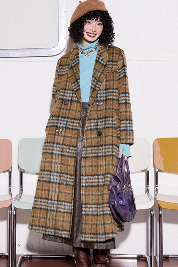 Elegant Wool Plaid Long Coat