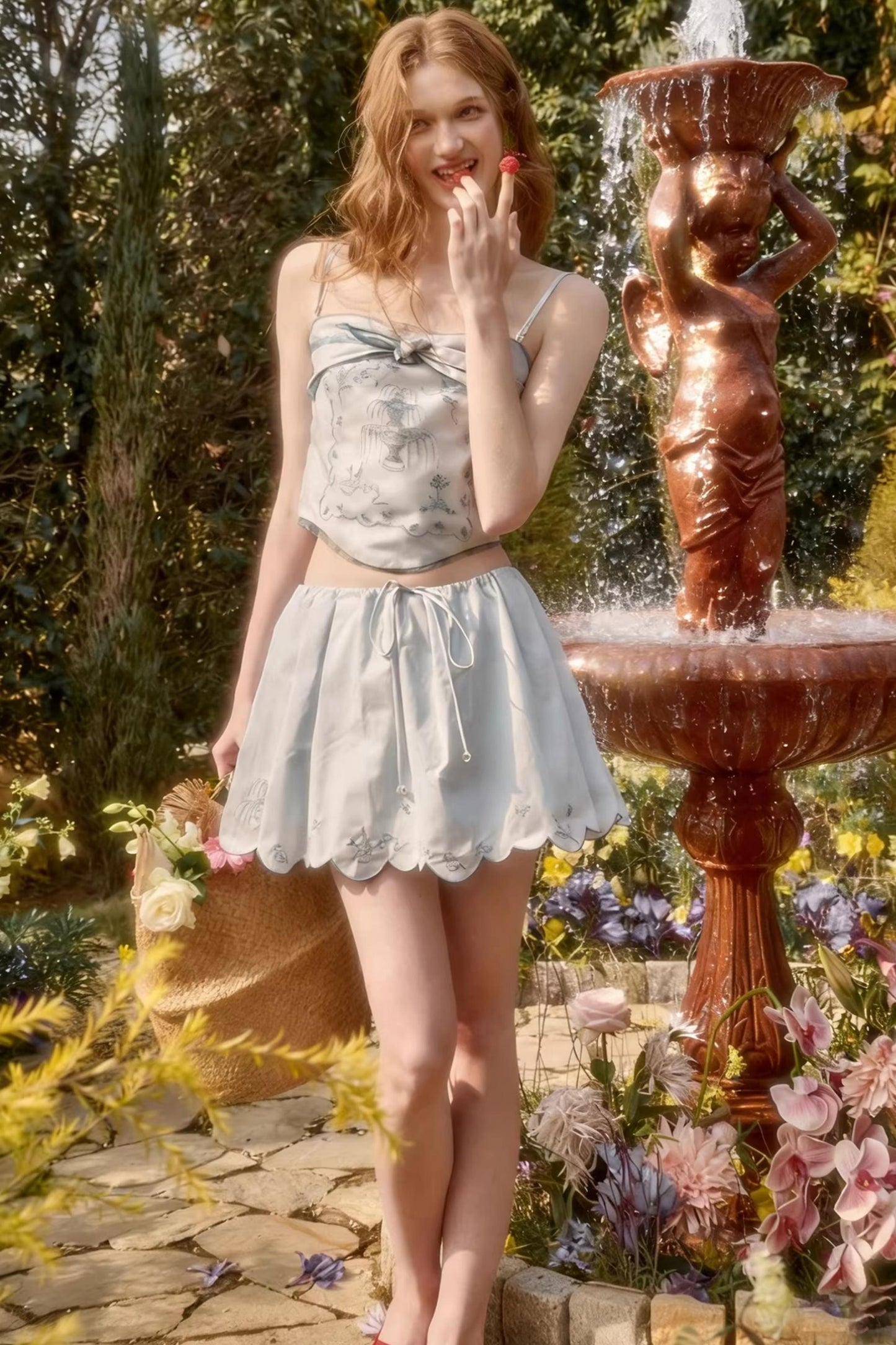 Baby Blue Embroidery Cotton Top and Skirt Set-Up