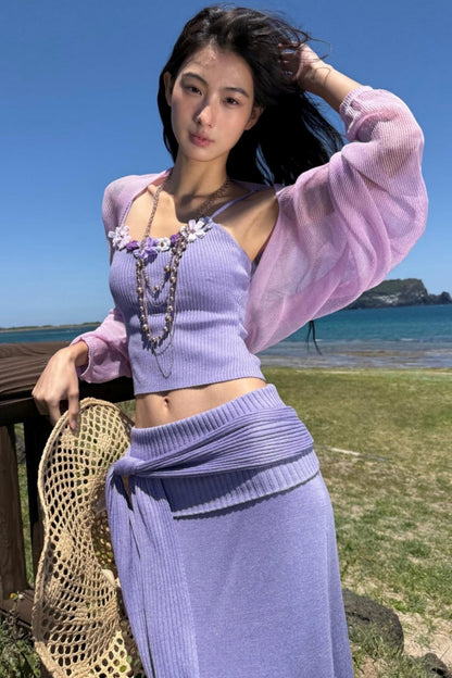 Floral Halter Skirt Cardigan Set-Up