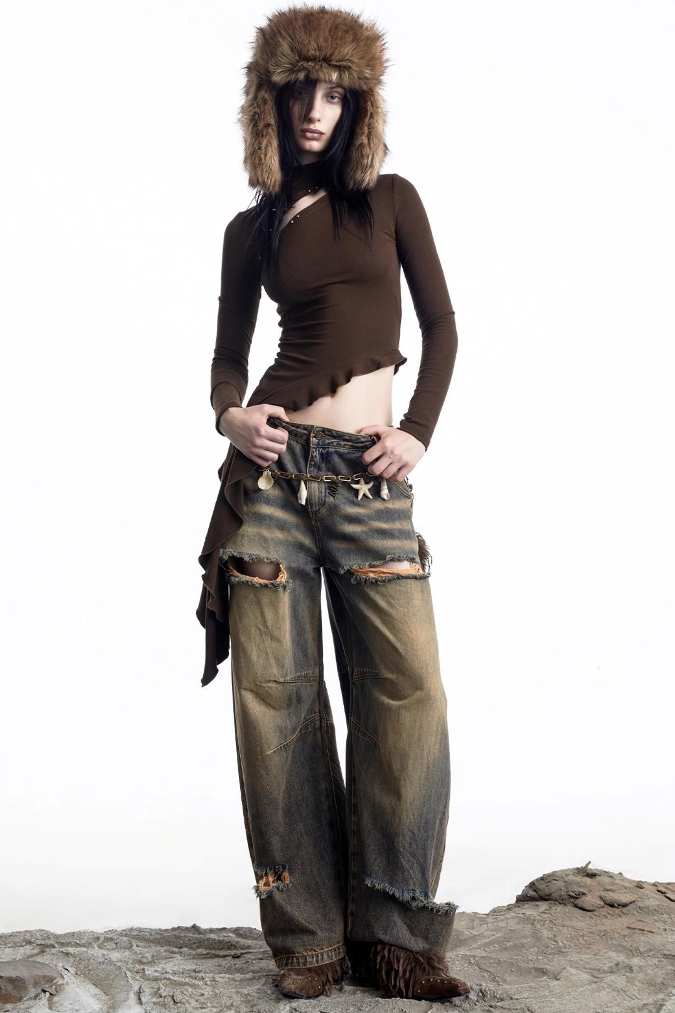 Openwork Rivet Ruffled Knit Top