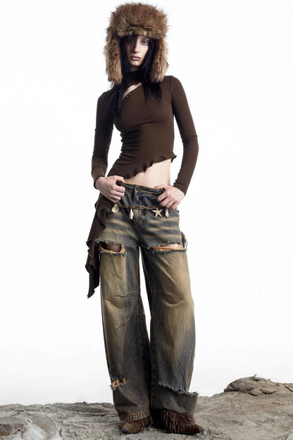 Openwork Rivet Ruffled Knit Top