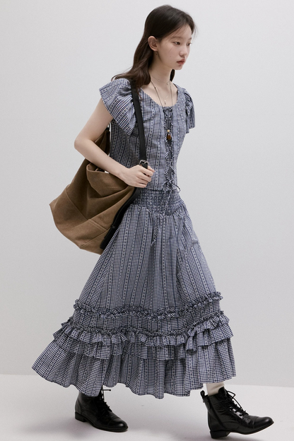 Maglia vichy blu con lacci