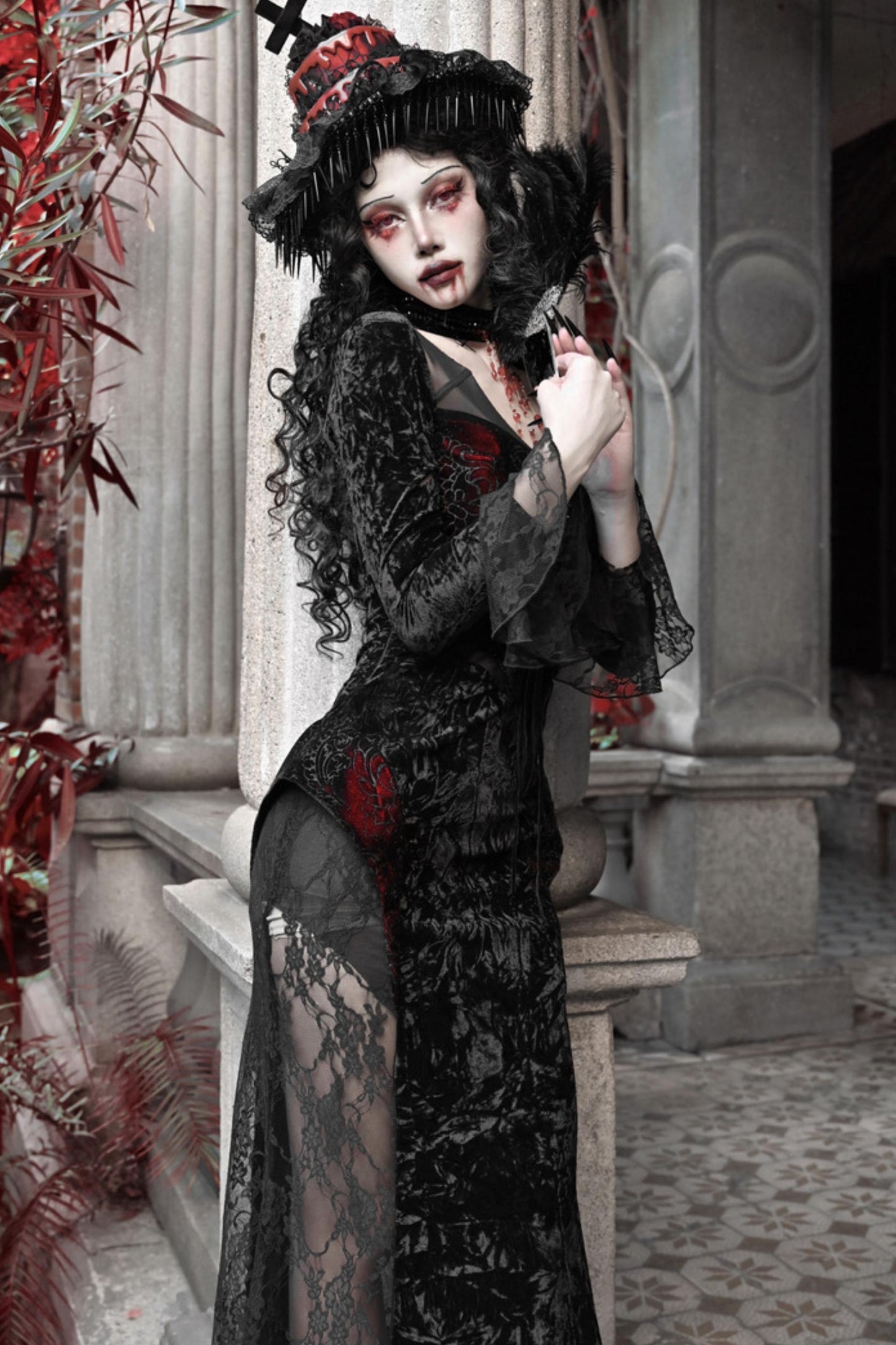 Crimson Blood Velvet Fishtail Dress