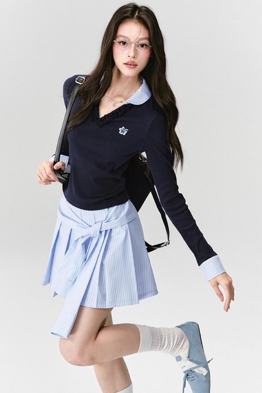 Love Letter Striped Pleated Skirt Set-Up