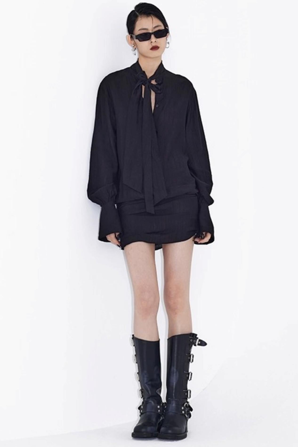 Streamer Black Drape Shirt Dress