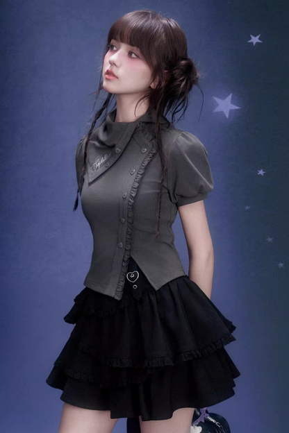 Gray Diagonal Placket Blouse