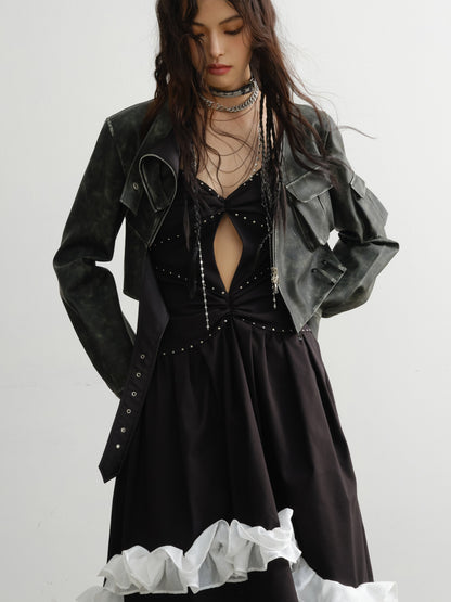 Punk Style Rivets Decorated Contrasting Lace Irregular Dress