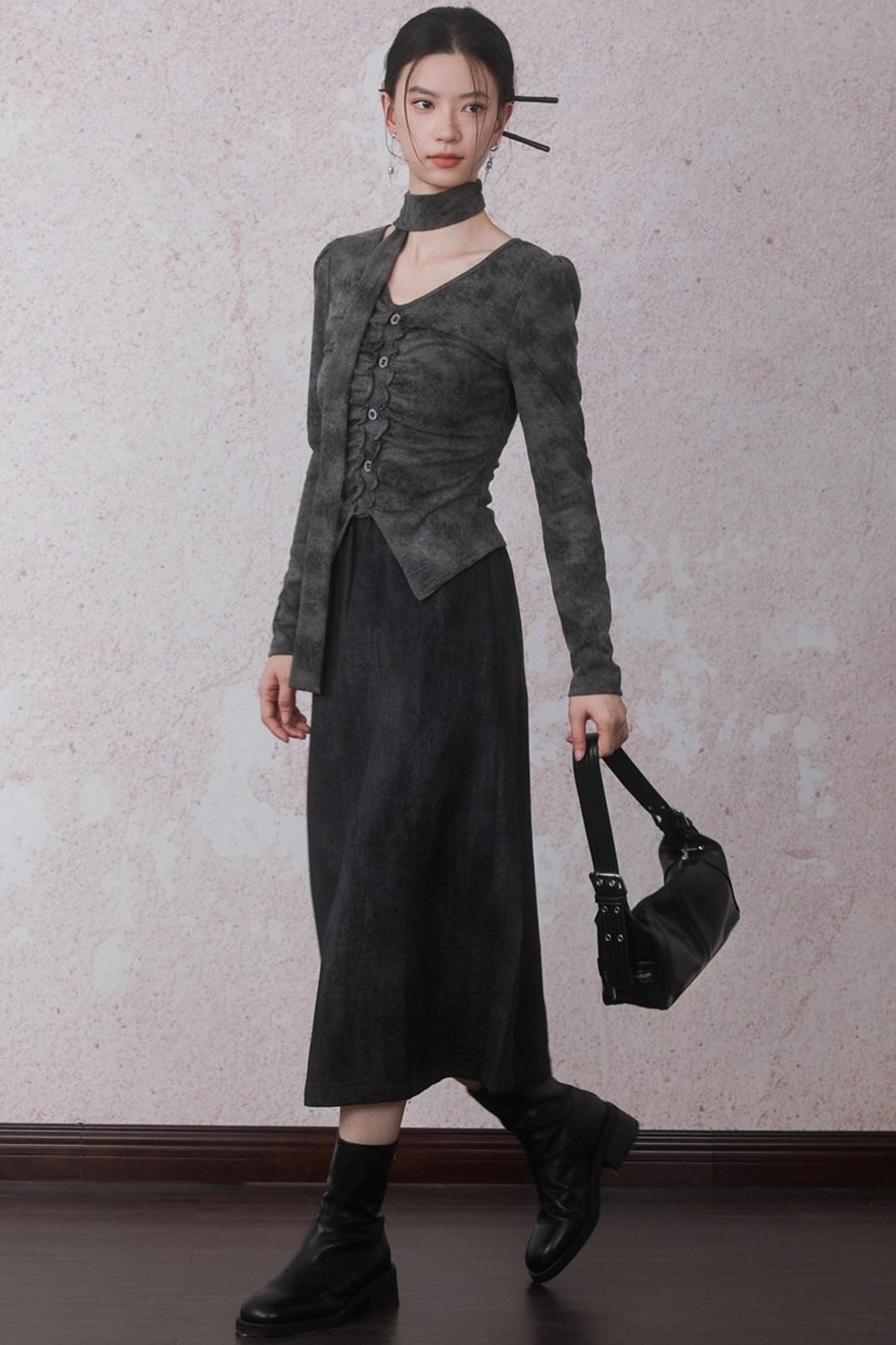 Autumn Gray Tie-dye Knitted V-Neck T-Shirt