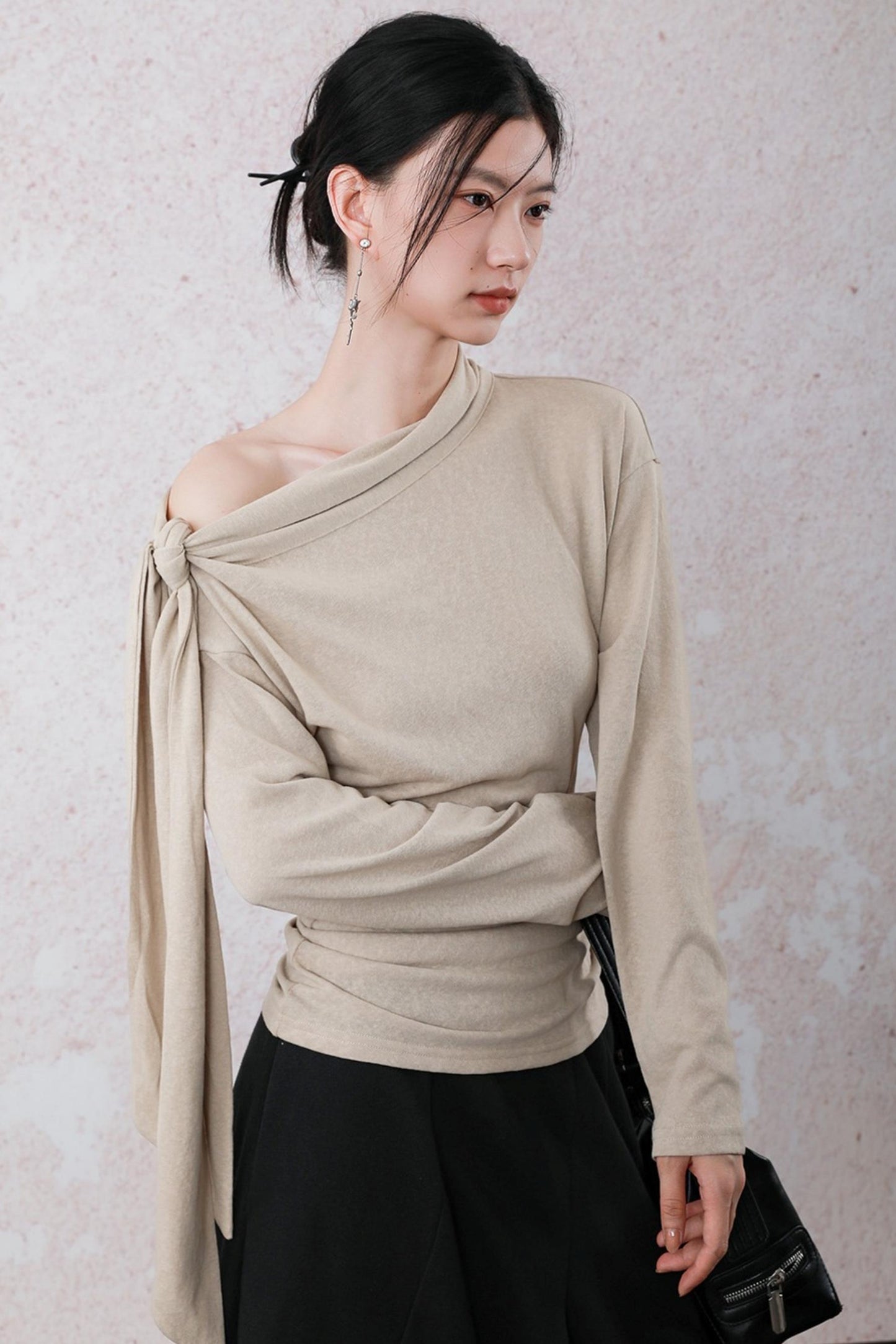 Milk Tea Long Sleeve One-Shoulder Top
