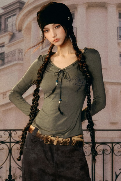 Elastic Drawstring V-Neck Top