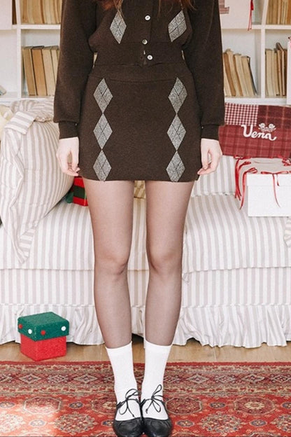 Brown Diamond Wool Cardigan Set-Up