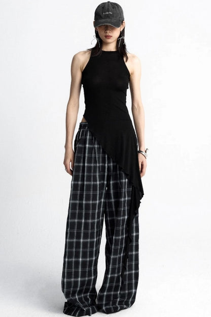 Summer Plaid Wide-Leg Pants
