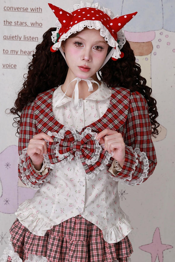Christmas Red Checkered Bow Short Jacket