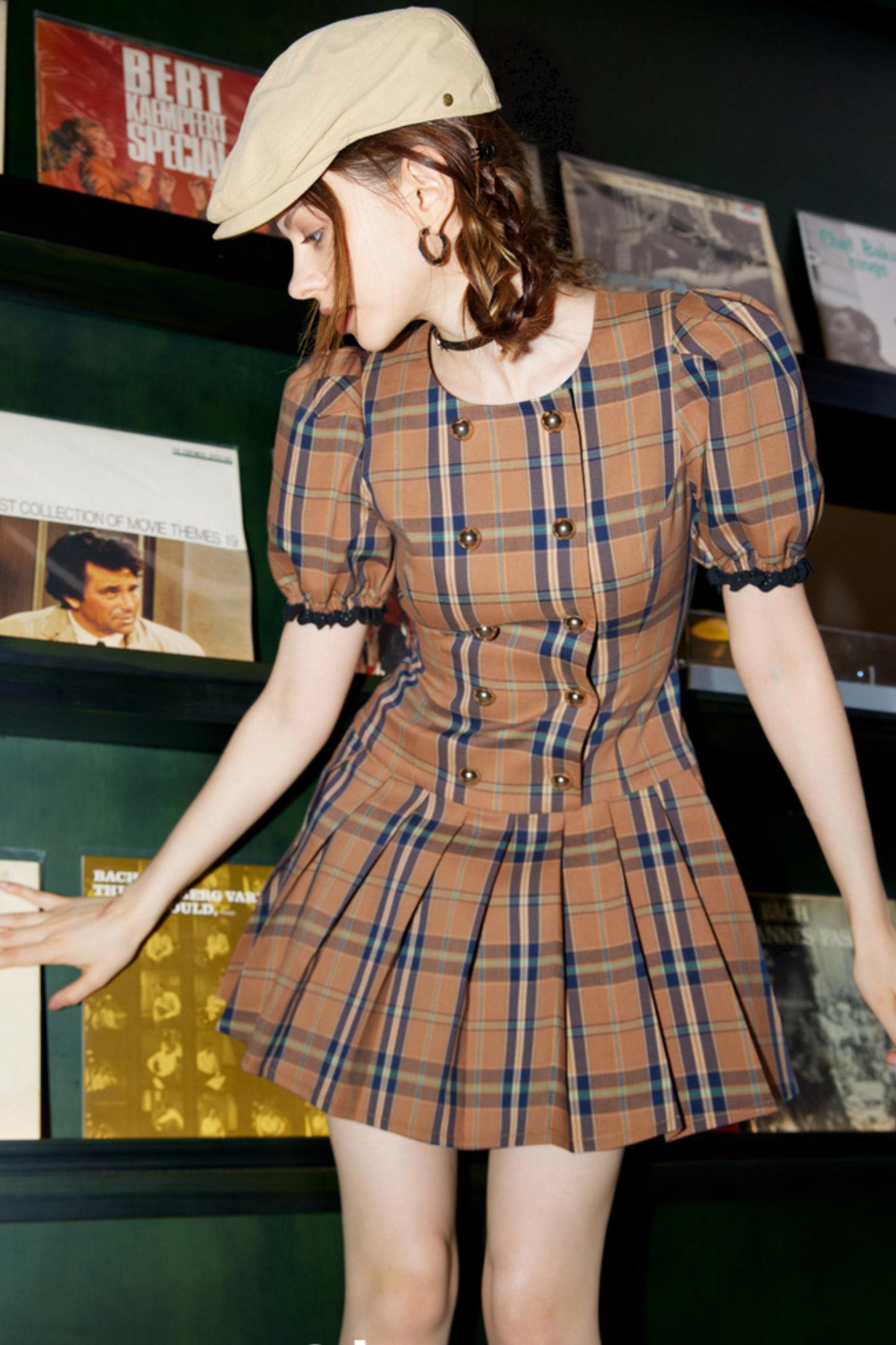 Bubble Sleeves Plaid Dress