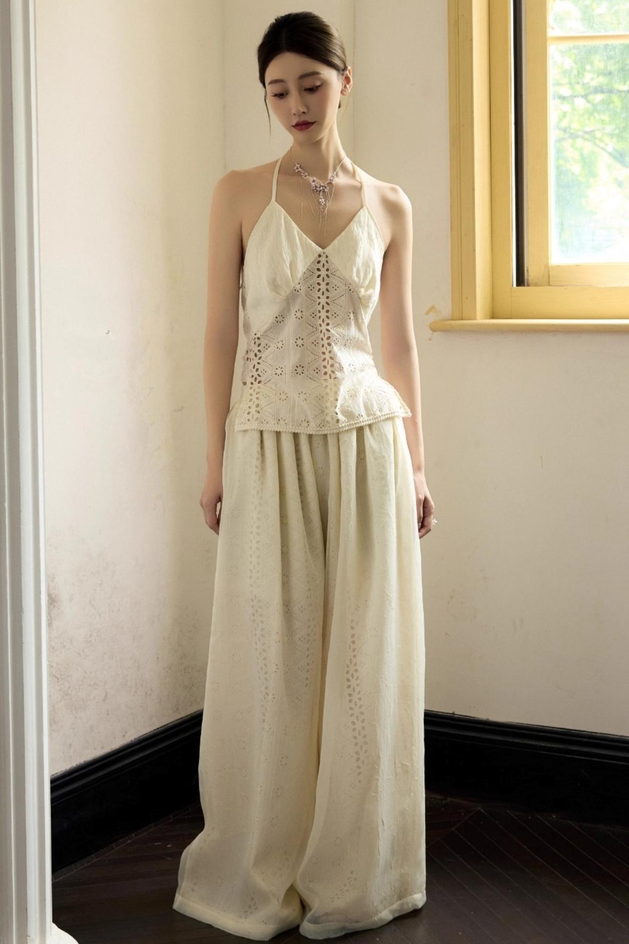 Romantic White Embroidered Halterneck Top