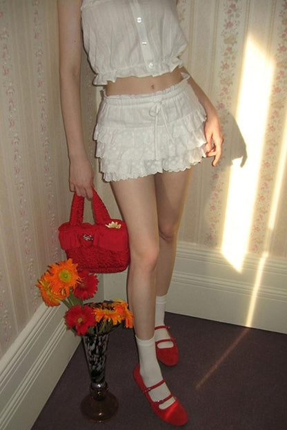 Square-Neck Vest Cropped A-Line Puffed Skirt Set-Up