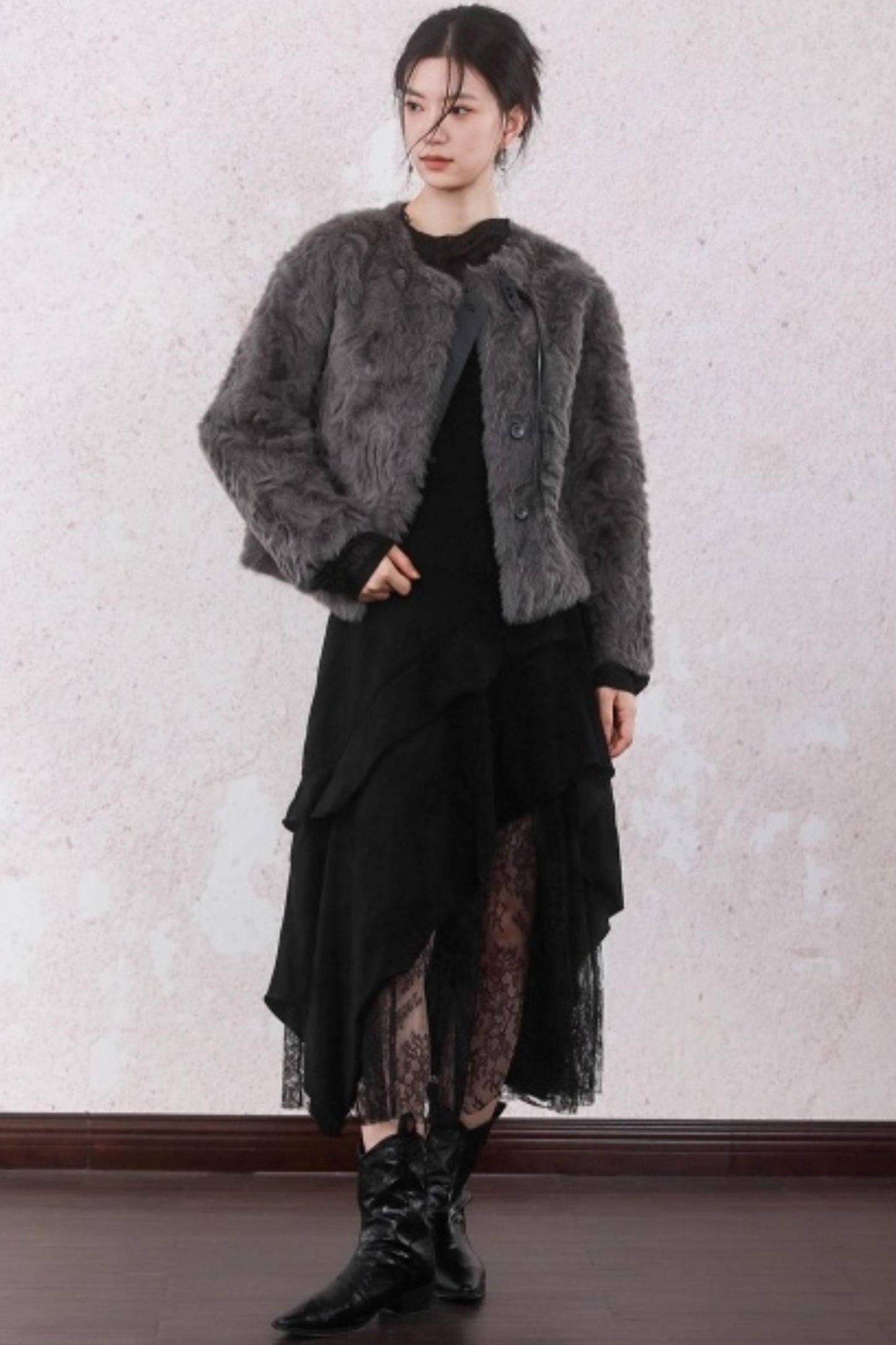 Elegant Gray-Brown Plush Jacket