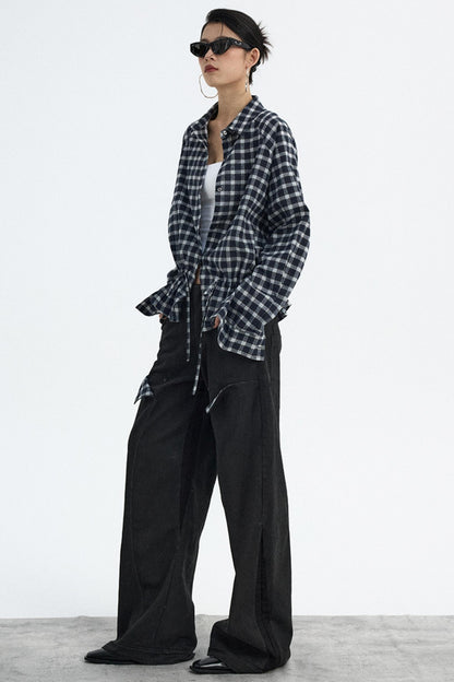 Navy Plaid Drawstring Top