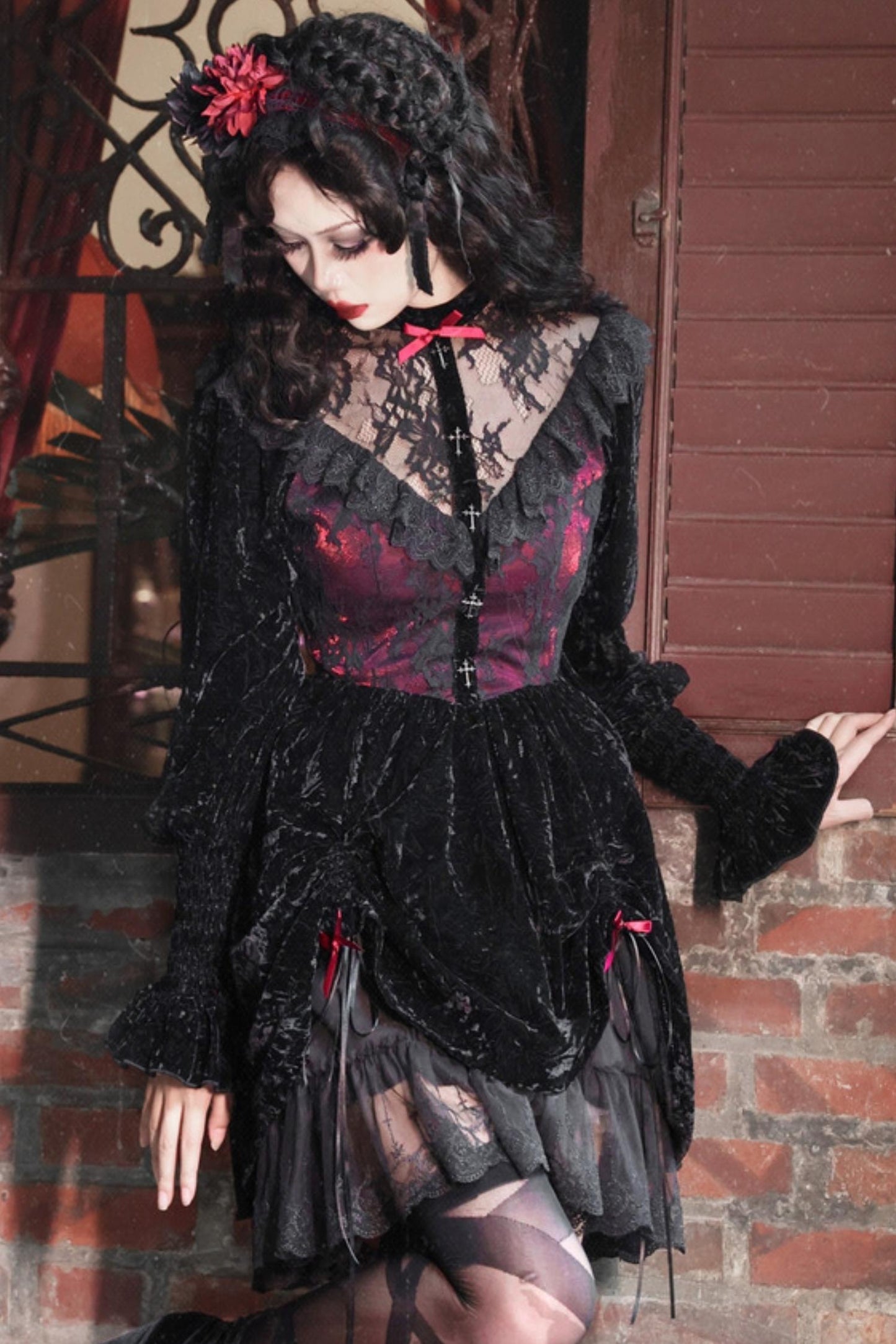 Rose Cemetery Gothic Velvet Lace Dress